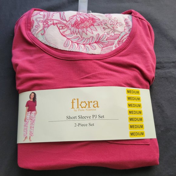 Flora Nikrooz Red Pajama Set Women's Medium Floral Short Sleeve Long Pants NWT - Picture 1 of 3